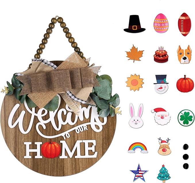 CondorPasea Interchangeable Welcome Door Sign with 16 Different Replaceable Patterns - 12" Round 3D Rustic Wooden Front Porch Decor, Artificial Leaves & Rustic Beads, Farmhouse/Classroom All Seasons Holiday (Christmas Halloween) Welcome Home Hanging Sign