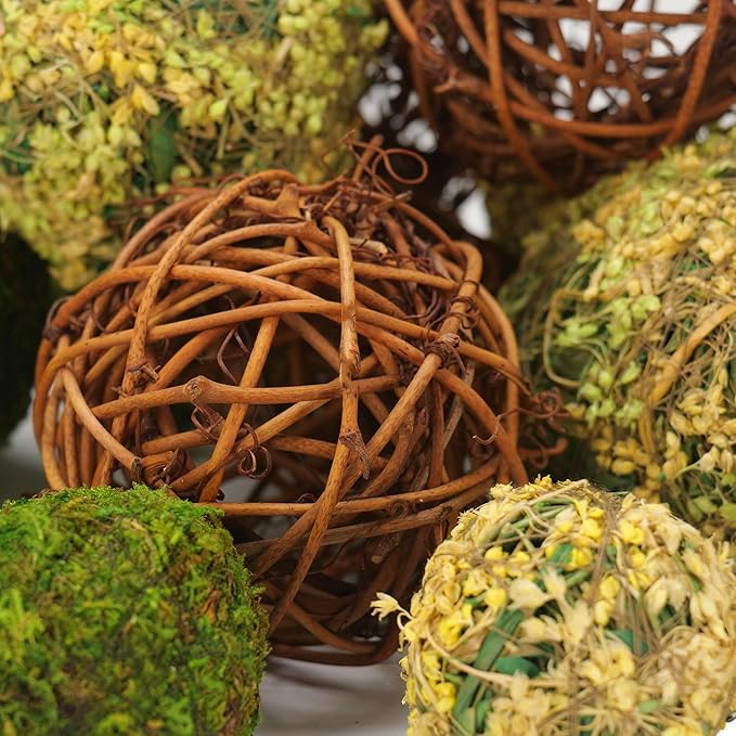 BYHER Decorative Balls for Centerpiece Bowls, 18pcs Fake Moss Balls + Wicker Rattan Balls Set Vase Bowl Filler for Home Garden Wedding Party Decor (Fresh Green + Rustic Brown)