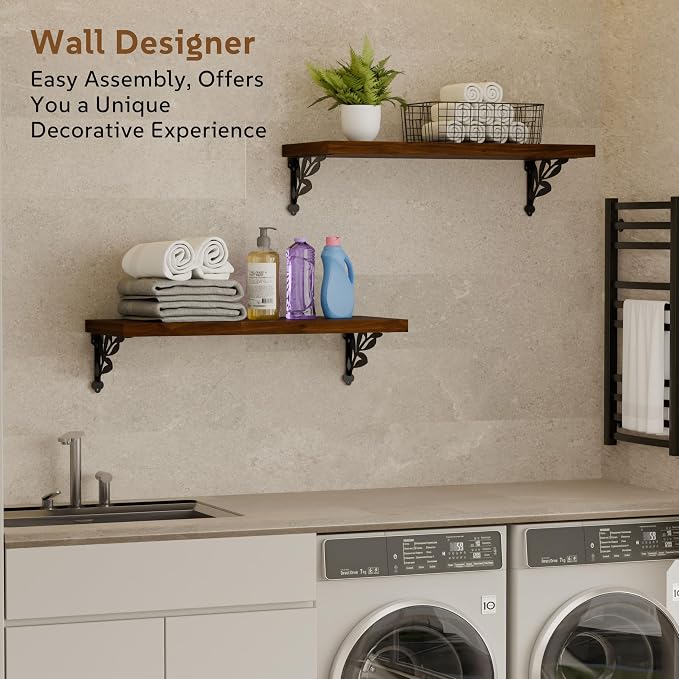 24 Inch 2 Tier Solid Wood Floating Shelves for Wall with Metal Brackets | 24 inch solid pine shelves, 2 tier, walnut finish, metal brackets for books, decor and home storage