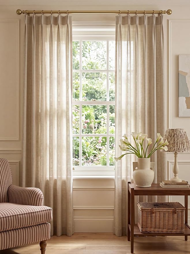 THREE GIRLS Pinch Pleated Linen Curtains 84 Inch Length 2 Panels, Light Filtering Linen Blend Drapes 40" W x 84" L, Burlywood Birch Neutral Curtains for Living Room Bedroom with Hooks