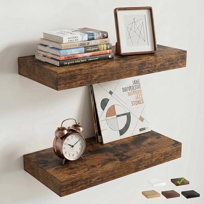 16 Inch Floating Shelves for Wall, 8"D Wood Storage Shelves, Brown Finish | Engineered Wood, Invisible Bracket, Large Storage, Easy Install, Hold Up to 33lbs, Living Room, Bathroom, Bedroom, Kitchen