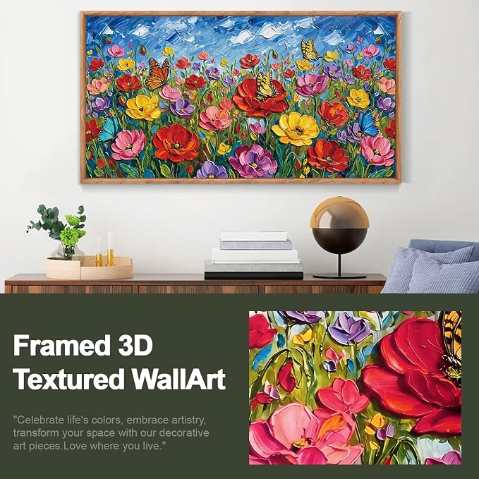 CHDITB 3D Floral Impasto Textured Poppy Framed Canvas Wall Art Set, Butterfly Wildflower Country Vibrant Spring Wall Decor, Bright Botanical Flower Art Prints for Bedroom Farmhouse Living Room 40"x20"