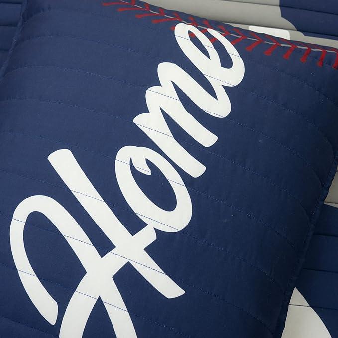 Lush Decor Baseball Game Reversible Quilt Twin Size 4 Piece Set Navy & Gray - Toddler Bedding Set Twin Quilt - Sports Bedroom Decor - Baseball Bedding