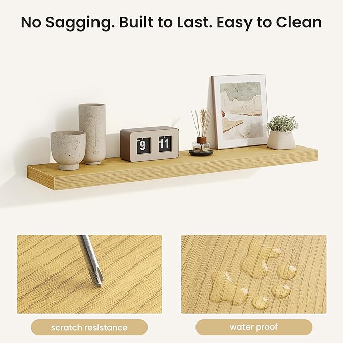 Fun Memories Rustic Wood Floating Shelves for Wall, Space-Saving Wall Mounted Shelves for Bathroom, Bedroom, Living Room and Kitchen, Stylish Storage & Display (Set of 2, Oak, 40 in)