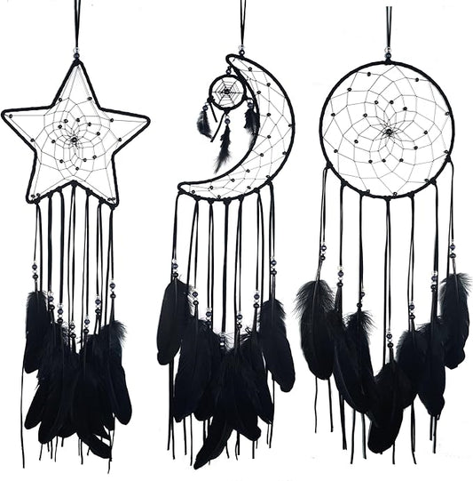 3PCS/LOT Star Moon Sun Shape Dream Catcher Home Decoration, and Baby Kids Room Accessory - Dream Catcher with Feather Decoration - Unique Home Craft Wall Pendant (Black)