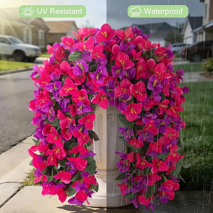 Fake Bougainvillea Artificial Flowers for Outdoors Decoration 2 pcs Faux Hanging Flowers Plants for Outdoor Planters UV Resistant Silk Bougainvillea Vines for Front Door Porch Urn Patio Garden