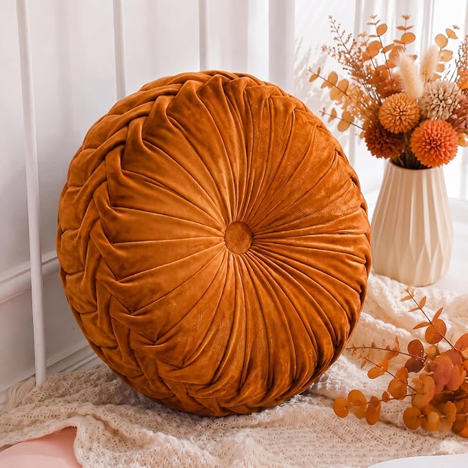 Drydiet 1 Pcs Round Throw Velvet Pillows Decorative Pleated Throw Pillows Diameter Accent Pumpkin Boho Chair Cushion for Couch Sofa Home Decoration (Brunt Orange,15'')