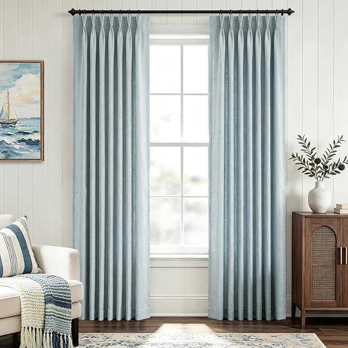 Triple Pinch Pleat Dusty Blue Curtains 108 inch Length 10 ft Living Room 2 Panels Light Filtering Semi Sheer Extra Long Blue Grey Drapes Memory Shape Modern Minimalist Aesthetic Drapery Curtain Panel