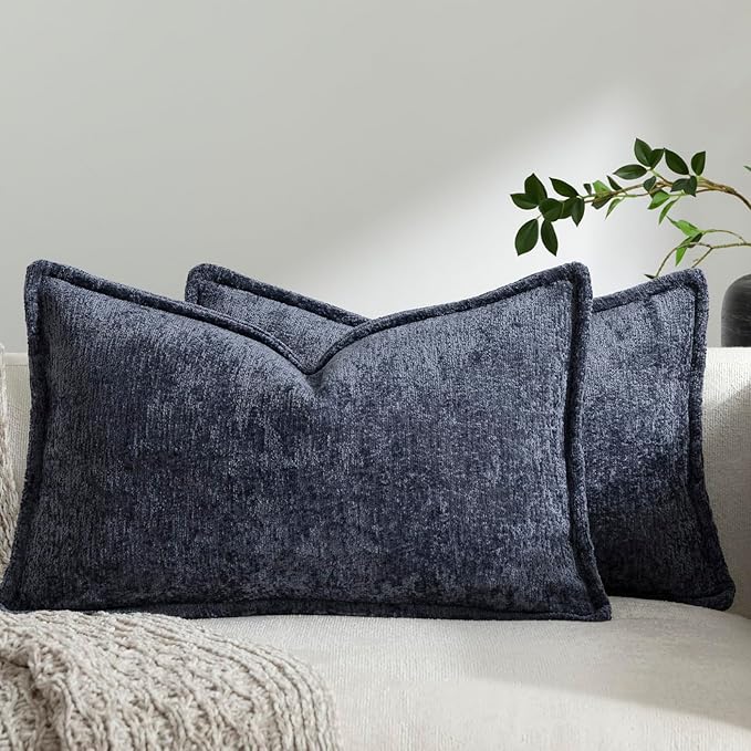 DEZENE Pack of 2 Navy Decorative Throw Pillow Covers 12x20 Cozy Soft Chenille Accent Vintage Rectangular Lumbar Couch Pillow Covers for Home Decor Bed Sofa Living Room