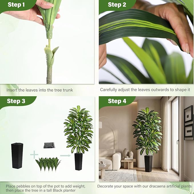 Artificial Dracaena Tree - 7FT Tall Fake Plants with Black Square Planter - Artificial Plants Indoor Floor Plant in Pot - Large Tropical Fake Yucca Potted Tree for Home Office Living Room Decor