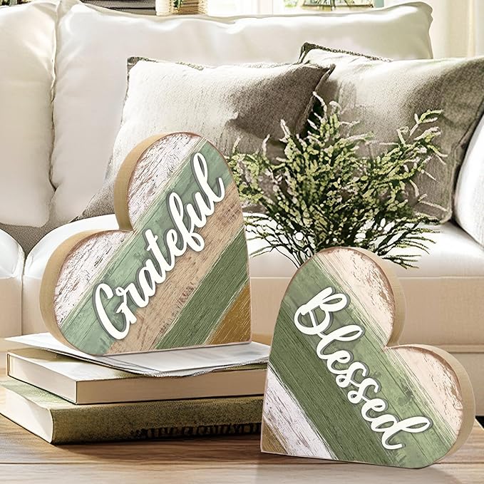 Jetec 2 Pcs Rustic Wooden Heart Table Decor, Daisy Farmhouse Home Decor, Bless This Home & Be Kind Sign for Living Room, Dining Room, Shelf & Mantel, Ideal Housewarming & Birthday Gift(Blessed Style)