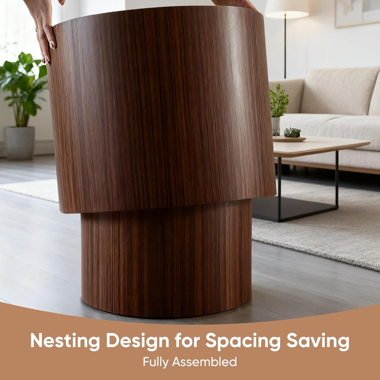 Nesting Round Coffee Table Set of 2, Small Circle Accent End Table for Small Spaces, Morden Drum Side Table, Wooden Center Table for Living Room, Fully Assembled - Dark Walnut