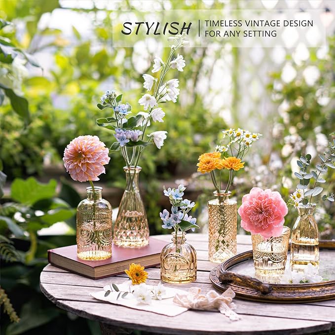 SUPMIND 16Pcs Glass Bud Vase Set, Small Flower Vases in Bulk for Centerpieces, Mini Vintage Amber Vase for Wedding, Home Decor, Table Decoration - Gold Amber