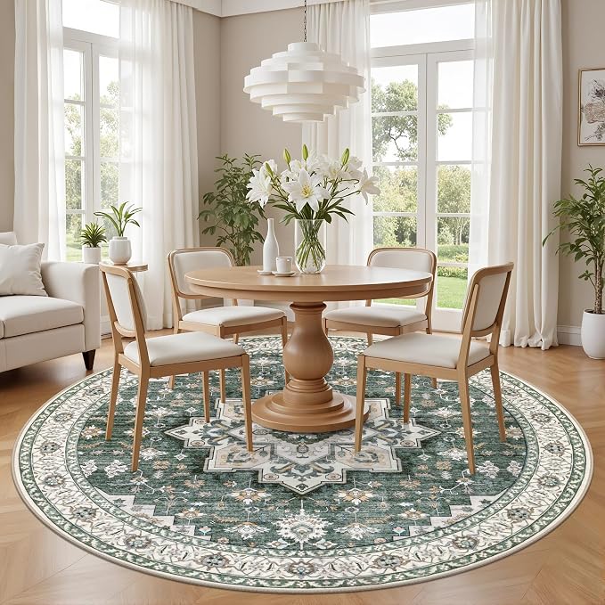 Round Area Rug for Living Room: 6ft Washable Vintage Boho Soft Thin Circle Rug Indoor Floor No Slip Stain Resistant Carpet for Bedroom Dining Room Farmhouse Nursery Home Office - Green Ivory