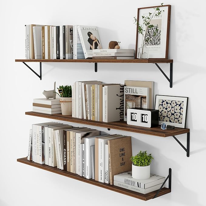 Vivelove 8 Inch Deep Floating Shelves for Wall, 48W x 8D Wood Wall Shelves Set of 3, Walnut Wide Floating Bookshelf for Living Room, Kitchen, Office, Bedroom, with Black Metal Bracke - Walnut