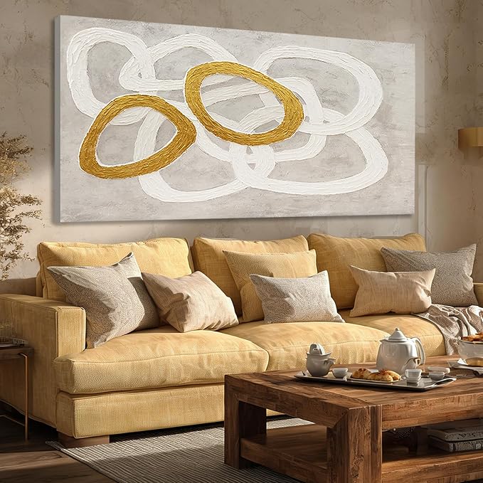Dolidoteart Beige White Gold Abstract Wall Art, Large Canvas Wall Art for Living Room Office, Neutral Hand-Painted Style Horizontal Wall Decor, 29x58 Inch