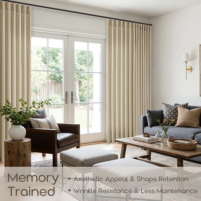 70 Inch Wide Pinch Pleated Curtains 90 Inch Long 1 Panel Oatmeal Neutral Semi Sheer Pinch Pleat Curtain for Sliding Door Living Room Back Tab Burlap Warm Beige Extra Wide Drapes 70 Inches Width