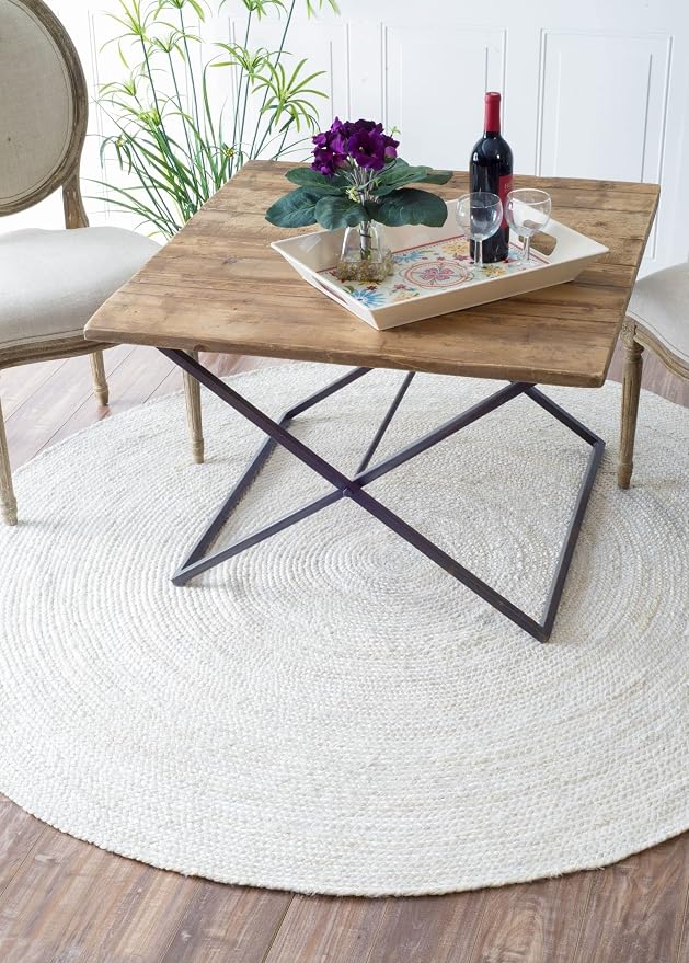 100% Jute Area Rug 5 Feet- Braided Design Hand Woven Off-White Natural Fibers Carpet - Home Decor for Living Room Hallways (5' Round, Off-White)