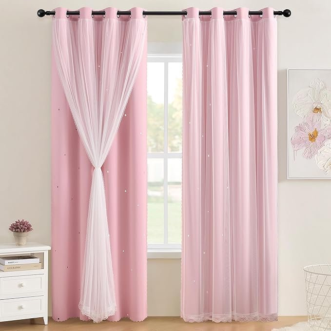 XiDi Light Pink Blackout Curtains for Girls Bedroom 90 Inches Long 2 Panels, Thermal Insulated Room Darkening Drapes for Nursery Living Room Grommet Top Noise Reducing Hollow Star Curtains W52 x L90
