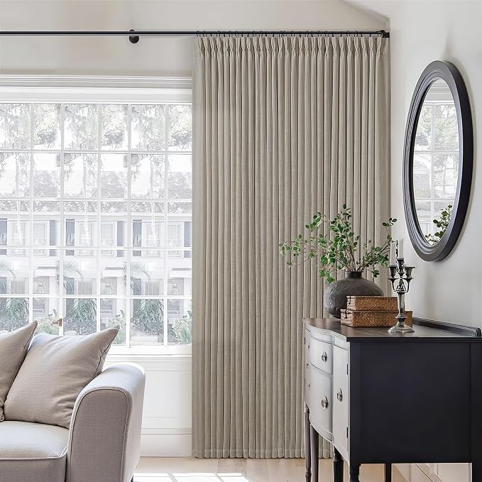 Pinch Pleated Linen Curtains 98 Inches Long for Living Room 2 Panels Set Greyish Beige Flax Double Pleated Drapes Back Tab Farmhouse Ceiling Floor 98 Inch Window Curtains Bedroom Burlywood Birch