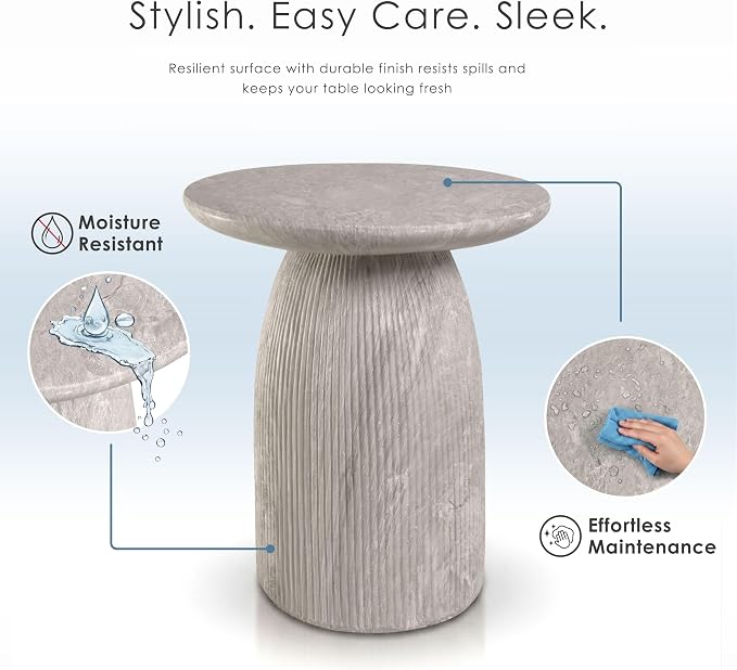 24/7 Shop at Home Ranera Modern 17-inch Natural Stone Side Table with Round Pedestal Base, Marble Nightstand, Fluted Patio End Table, for Living Room, Covered Outdoor Spaces, Light Gray Travertine