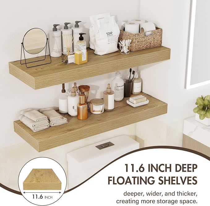 Acovy 72 Inch Floating Shelves, 12" Deep Floating Shelf Wall Mounted, 72" Wall Shelves, Rustic Deep Bookshelf, Extra Deeper & Thicker Display Shelves for Bedroom, Living Room, Oak, Set of 1