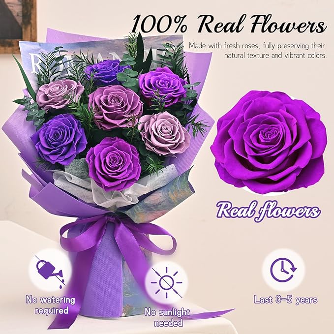 Flowers for Delivery Prime 7 Roses, Mothers Day Flowers for Mom, Mothers Day Gifts, Forever Preserved Purple Flower Bouquet Eternas Rose Birthday Gifts for Women Gf Gifts Wedding Anniversary