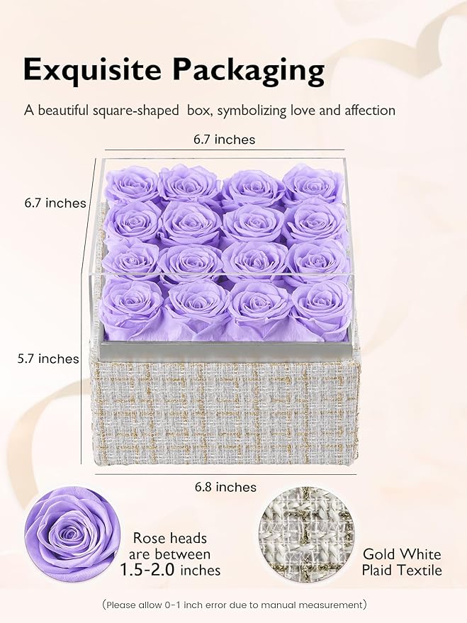 Eterfield Forever Flowers Preserved Roses Real Roses that Last Over a Year Rose Box Gifts for Her Mothers Day Valentines Day Christmas (Square Gold White Plaid Box, 16 Light Purple Roses)