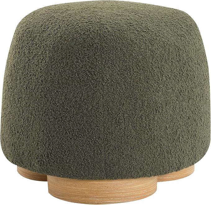 GDFStudio 20" Round Teddy Fabric Ottoman Stool, Upholstered Footrest with Foam Seat, Modern Accent Ottoman, Entryway Bedroom Vanity Stool, Fully Assembled, Metal Trim Base, Green