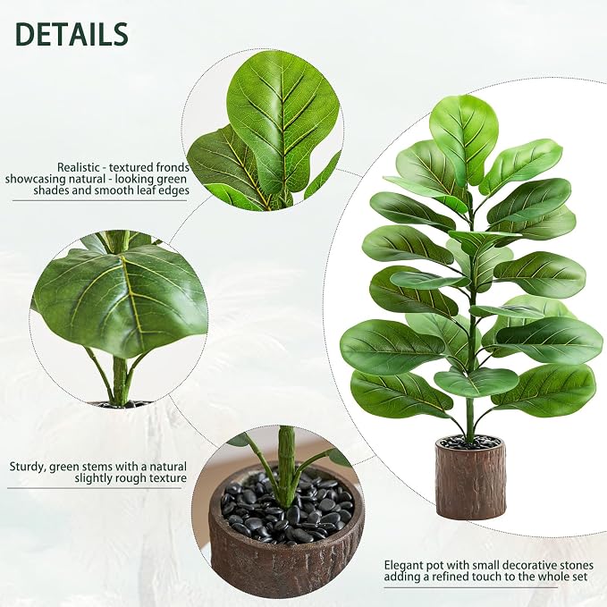 2 Pack Artificial Fiddle Leaf Fig Tree 30in, Large Realistic Faux Ficus Lyrata Plant with Wood-Grain Pot Table Top Faux Plant for Indoor Outdoor Home, Office, Living Room, Bathroom Decor