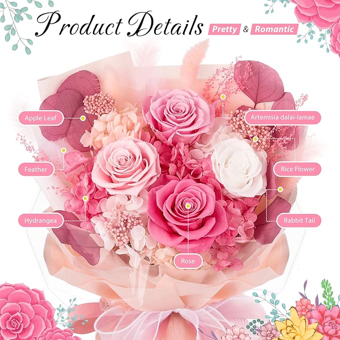 Flowers for Delivery Prime, 4 Pink Rose Preserved Flowers Bouquet Mothers Day Gifts for Mom, Birthday Gifts for Women Her Wife Girlfriend Grandma, Real Forever Flowers for Valentines Day Anniversary