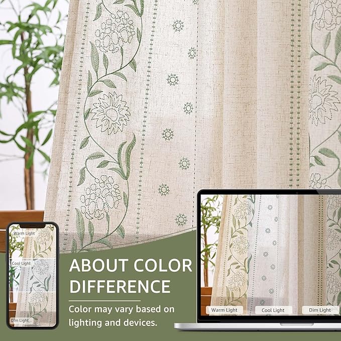 jinchan Winslow Linen Curtains for Bedroom 63 Inches Length Embroidered Bordered Floral Curtains for Living Room Farmhouse Decor Light Filtering Window Treatments Sage on Beige Drapes 2 Panels