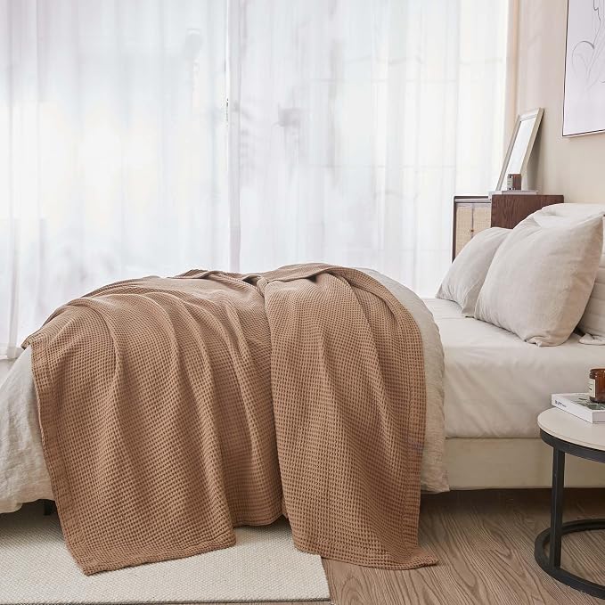 100% Cotton Taupe Blanket King Size for Bed - Breathable and Soft, Waffle Weave for Summer Spring, 102x90 Inches (Toffee)