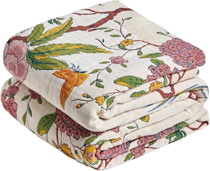MSGKV The Boho Layer: 50"x60" Cotton Throw Blanket – Lightweight & Reversible Chinoiserie Floral & Bird Pattern, Summer Decorative Accent for Couch Snuggles, Bed Layers & Road Trips