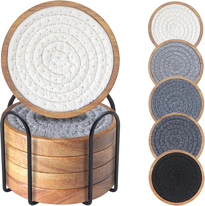 Eykao Coasters for Drinks Absorbent Sets of 5, Woven Coasters with Holder, Housewarming Gift for Farmhouse Home Decor, 4 inches (Gray Series)