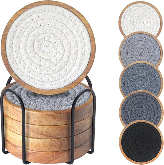 Eykao Coasters for Drinks Absorbent Sets of 5, Woven Coasters with Holder, Housewarming Gift for Farmhouse Home Decor, 4 inches (Gray Series)