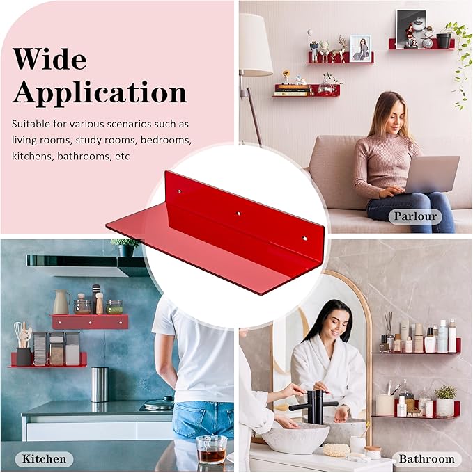 Sezanrpt 15 Inches Red Acrylic Shelves, Wall Mounted Shelves for Bedroom, Wall Display Shelves for Collectibles, Funko Pop, Speaker, Plants, 2 Pack