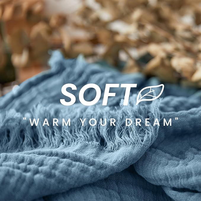 FALUCA Cotton Muslin Throw Blanket 50x60 Inches for Bed, Couch, Knit Woven Gauze Blanket, Soft Lightweight Cozy Breathable Farmhouse Decoration for All-Season, Dusty Blue