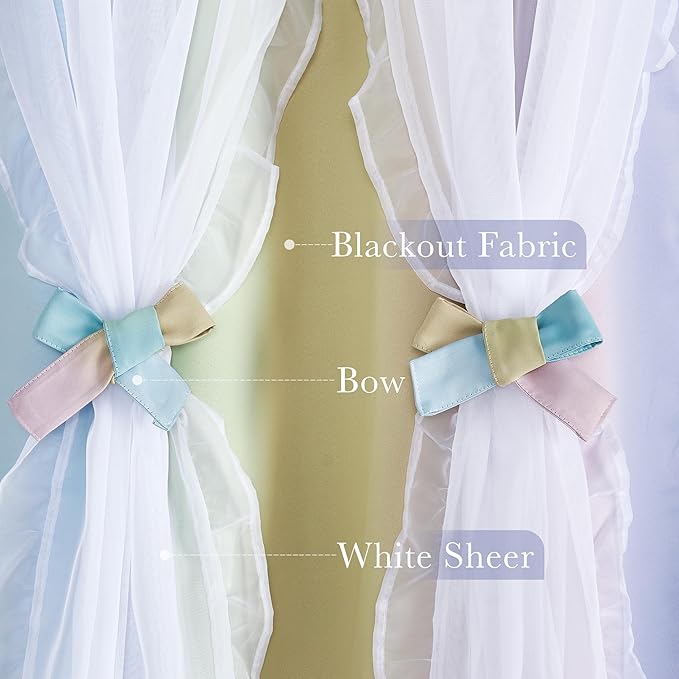 PONY DANCE Girls Curtains for Bedroom Decorative Drapes, Gradient Double Layer Curtain Ruffle Sheer Overlay Room Darkening Pretty Chic Princess, 52x84 inch, Rainbow, 2 PCs