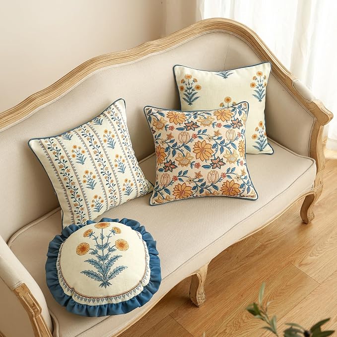 ISAENNE Linen Round Throw Pillow Cover,Set of 2,Diameter 16"-Estevan D | Designer French Elegant Pillow Cover,Concealed Zipper Design,Sofa,Bedroom,Living Room,Lounge Chairs,All Season Home Decor