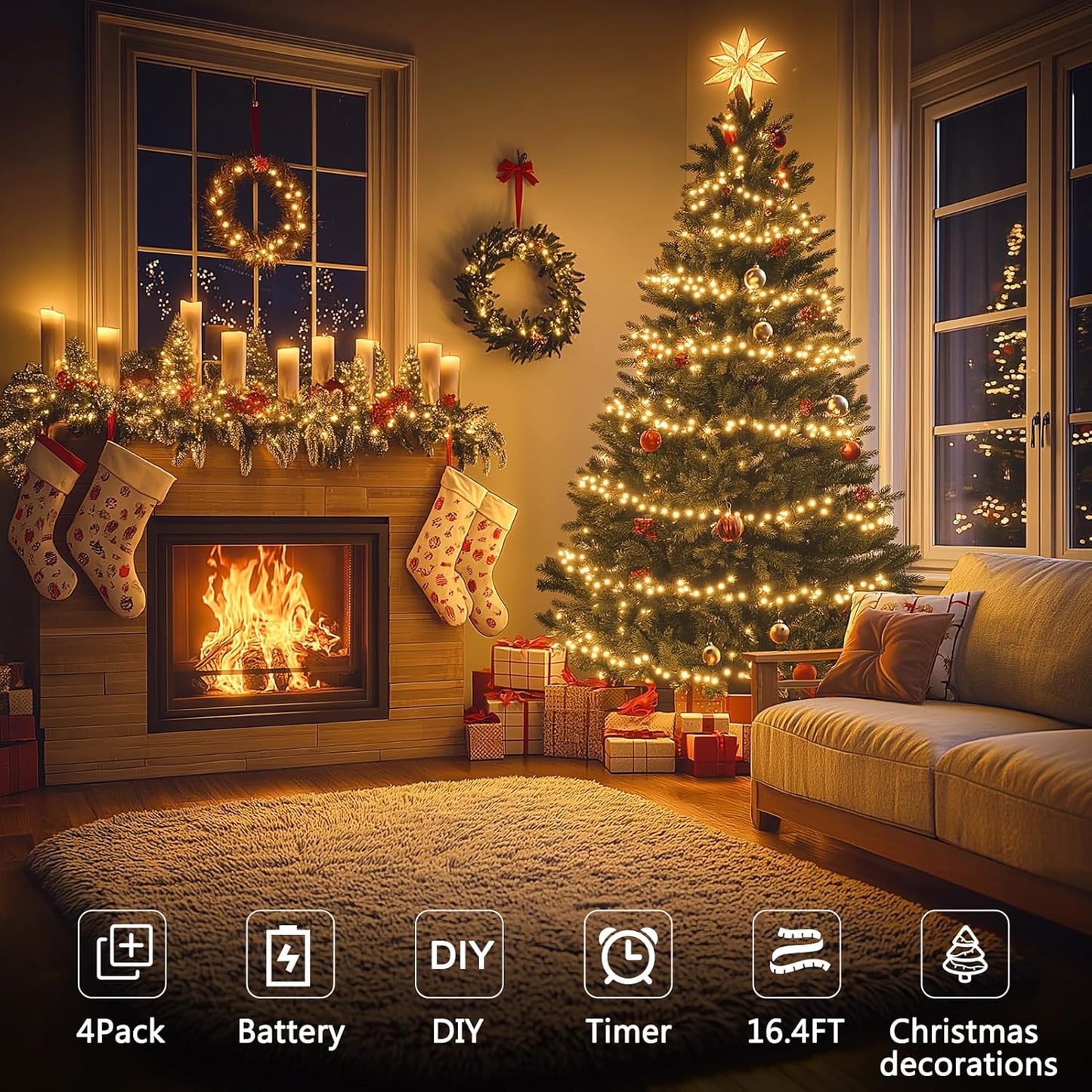 4 Pack Christmas Fairy Lights Battery Operated, 16.4FT 50 LED Dark Green Wire Twinkle Lights with Auto Timer Waterproof, Outdoor String Lights for Indoor Outdoor Bedroom Yard Decor (Warm White)