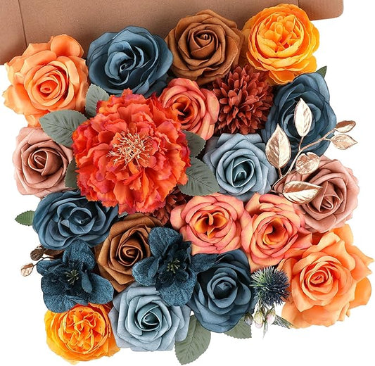 AGIRL Artificial Flowers Combo Silk Mix Teal Orange Fake Flower with Stems for DIY Wedding Bouquets Centerpieces Arrangements Table Chair Decor Baby Shower Home Decor (Teal Orange)