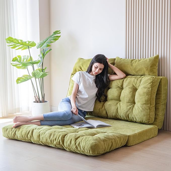 MAXYOYO Folding Sofa Bed, Tufted Bean Bag Bed with Pillows Floor Couch for Adults, Extra Thick and Long Floor Sofa, Single Couch for Bedroom Living Room, Green, 30x91 Inch