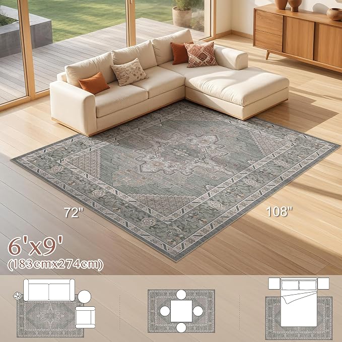 Tortania Area Rug Living Room Rugs - 6x9 Washable Boho Rug Vintage Oriental Distressed Farmhouse Large Thin Indoor Carpet for Living Room Bedroom Under Dining Table Home Office - Green Gray