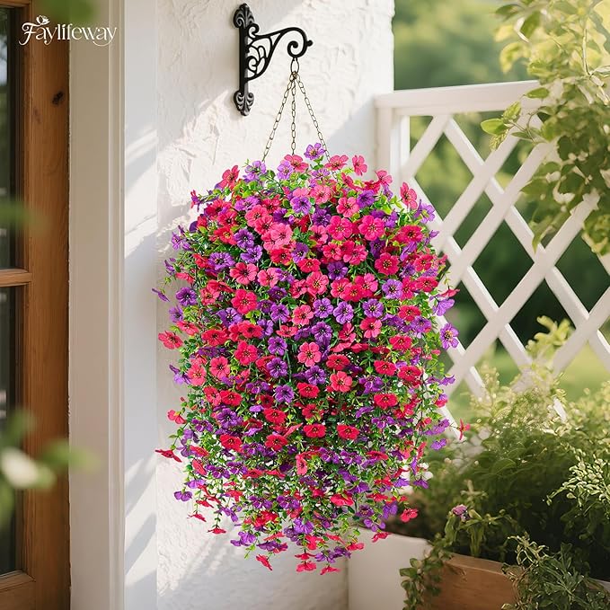 Artificial Hanging Flowers for Outdoors Spring Summer Decoration, 8PCS UV Resistant Silk Fake Hanging Plants for Patio Porch Front Yard Window Garden Indoor Decor(Purple&Hot Pink,8PCS)