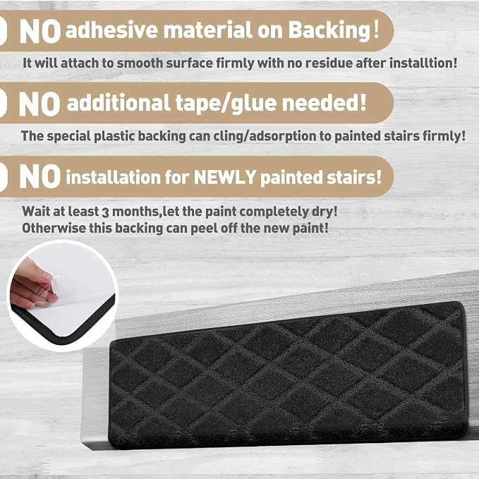 PURE ERA Bullnose Carpet Stair Treads Tape Free Non-Slip Indoor Stair Protectors Pet Friendly Stair Treads for Wooden Steps 9.5" x 30"(7 Pieces,Black Diamond Trellis)