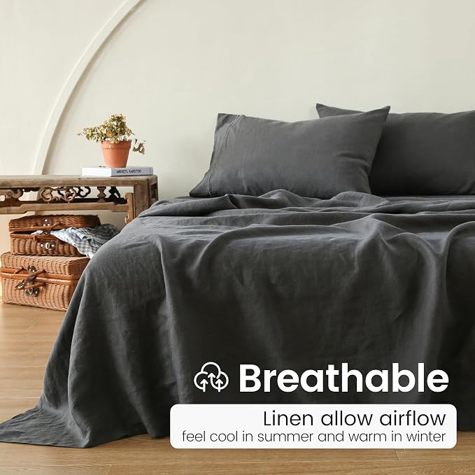 100% French Linen Pillowcases with Embroidery - Pack of 2 - Washed Solid Color Natural Flax Soft Breathable - Dark Grey, 20'' x 30''