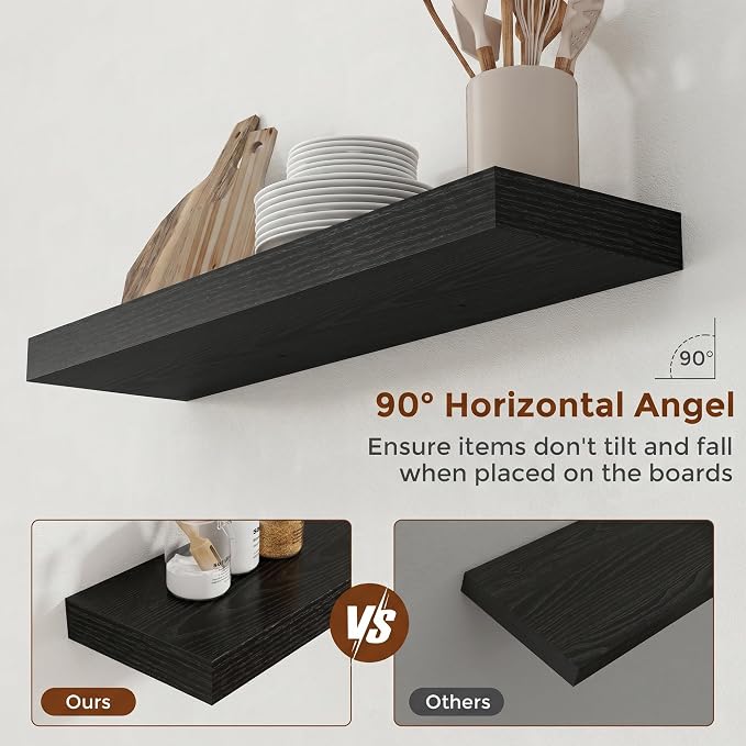 Heimlove 32 Inch Floating Shelves for Wall Black Shelves Set of 2,Wall Mounted Rustic Wood 8 Inch Deep Floating Shelf with Invisible Brackets for Bedroom Kitchen Living Room
