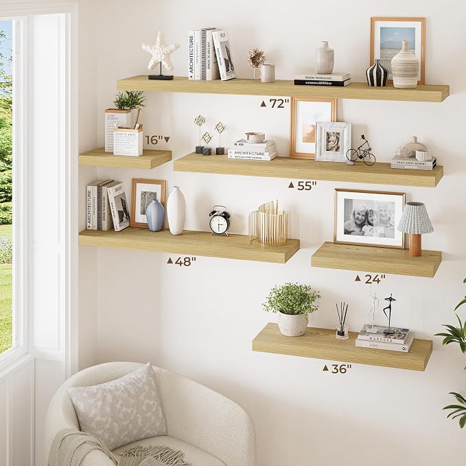 RICHFOCUS Deep Floating Shelves for Wall 2 Pack 12" D 36 Inch Wall Shelves for Room Wall|Wood Hanging Shelf with Invisible Brackets for Bathroom Bedroom Kitchen Laundry Room, Oak