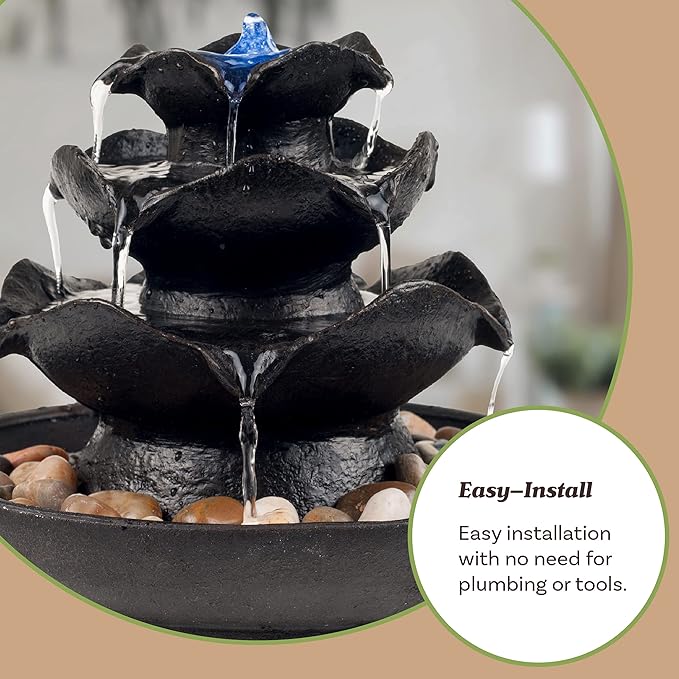 Indoor Fountain with LED Lights – Cascading 3-Tier Lighted Tabletop Water Feature with Soothing Sound – Zen Décor for Home or Office by Pure Garden